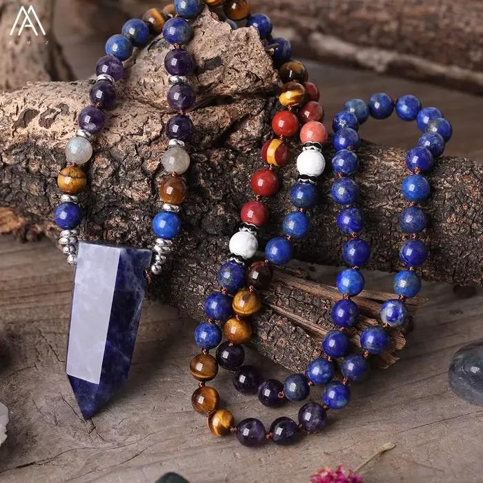 Pendentif en pierre de sodalite naturelle, 8mm, quartz, œil de tigre, lapis, perles rondes nouées, c