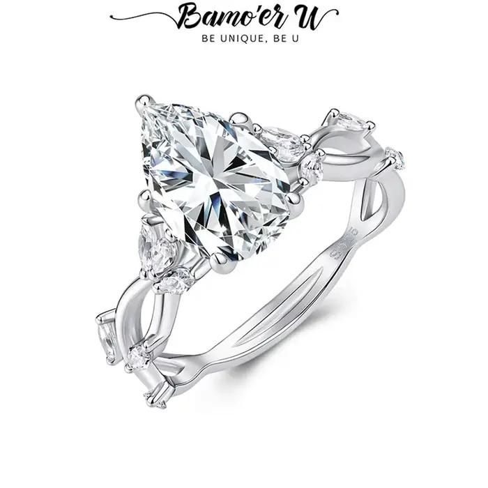 Bamoer U – bague en argent Sterling 925 avec moissanite en forme de goutte d'eau, design unique, certifiée, bijoux fins pour femmes, mariage