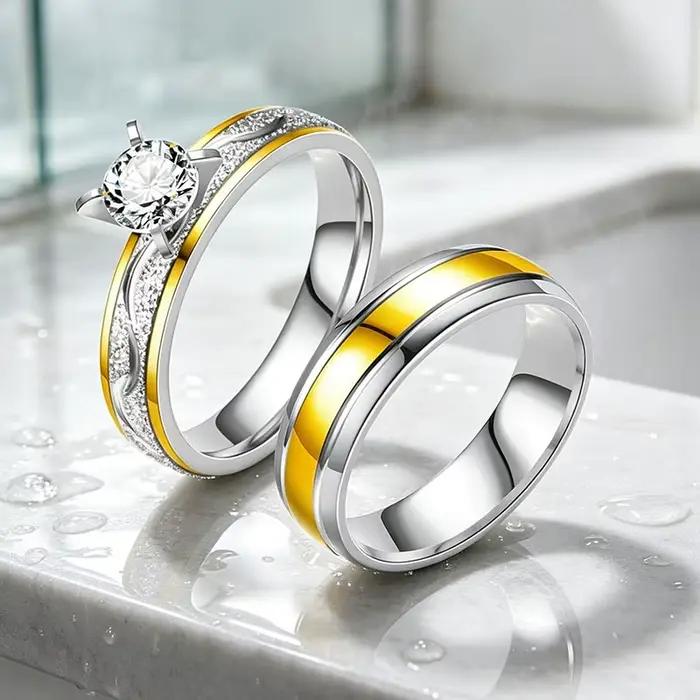 Ensemble d'anneaux de mariage bicolores pour couples