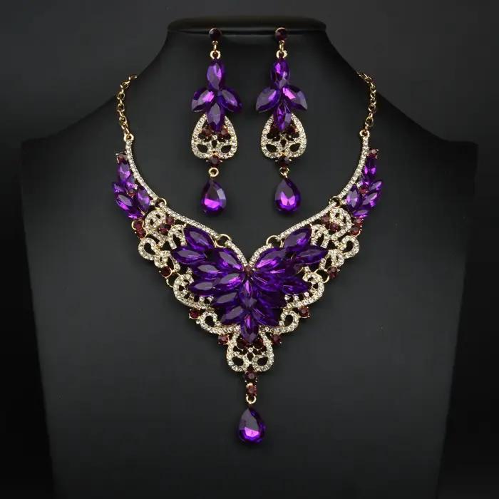 Ensemble de bijoux de luxe pour femmes, collier et boucles d'oreilles en pierres précieuses en crist
