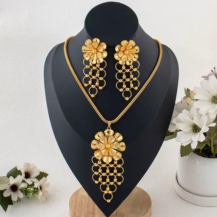 Bijoux en acier inoxydable pour femme, bijoux en or 24 carats de Dubaï, ensemble collier et boucles d'oreilles, hypoallergénique, imperméable, cadeaux de mariage pour femmes
