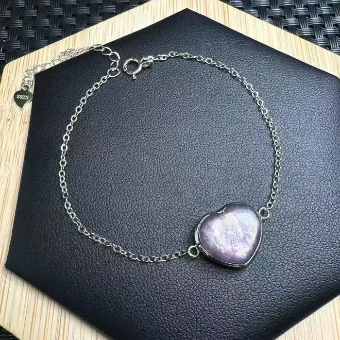 Unité un Bracelet 925 argent avec joli mignon naturel violet lépidolite cristal amour coeur pierres
