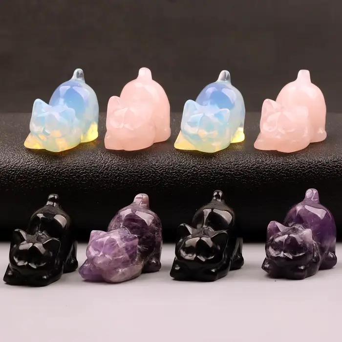 Figurine de chat mignon en quartz rose sculpté, pierre naturelle, jouet de dessin animé, mini artisanat en jade, décoration chakra en obsidienne