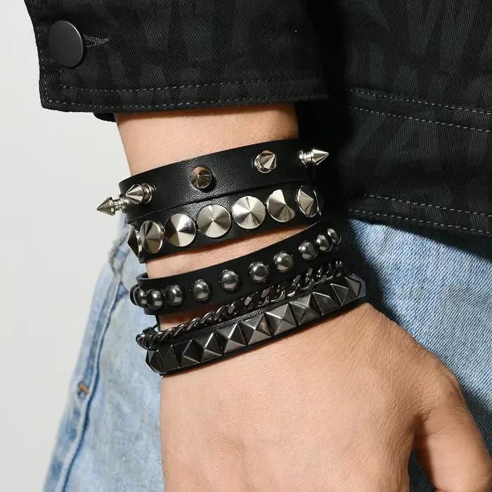 Nouveau 3 pièces/ensemble noir Goth Emo Boho Bracelets pour femme hommes Punk gothique pointe Rivets Bracelet en cuir PU