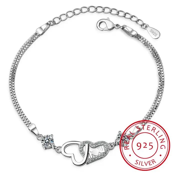 925 argent Sterling amour éternel coeur zircone Double couche chaîne Bracelet pour les femmes Pulseira Feminina S-b47