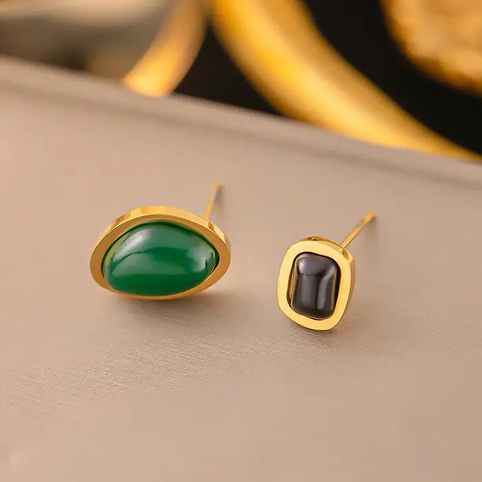 Collier à double pendentif en pierre précieuse émeraude et noire pour femmes, bijoux en chaîne en ac