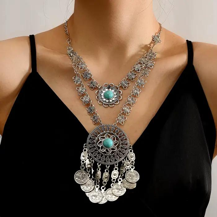 Collier ethnique en forme de pièce de monnaie Turquoise, style bohème, Vintage, pendentif à pampilles superposées, bijoux de déclaration, accessoires de ton de couleur or argent