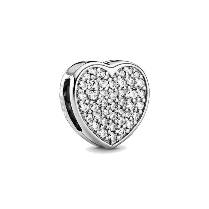 Argent 925 pavé réflexions fermoir étincelant Bracelet ajustement Clip breloques bijoux à bricoler soi-même cadeau coeur forme ronde trèfle à quatre feuilles charme