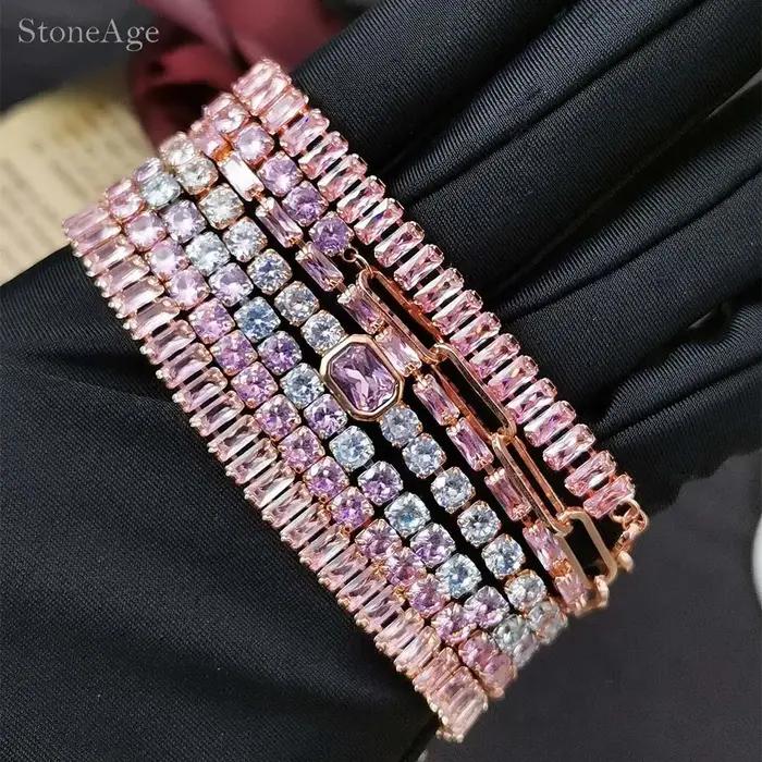 Bracelet de Tennis en Cristal Rose pour Femmes Style Mode Zircone Brillante Occasions Spéciales
