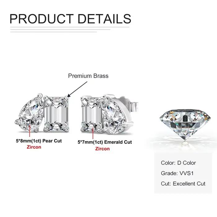 Rrjzz Boucles d'oreilles clous pour femme, 2 pierres en zircone cubique de laboratoire, taille émera