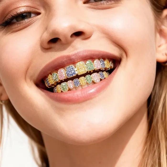 Bague de dents en cuivre sertie de pierres artificielles avec design géométrique pour hommes et femmes, occasions hip-hop et rock