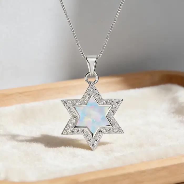 Collier étoile de David, pendentif minimaliste délicat avec opale bleue et CZ, cadeau de bijoux unique pour femmes, bijoux juifs couleur argent