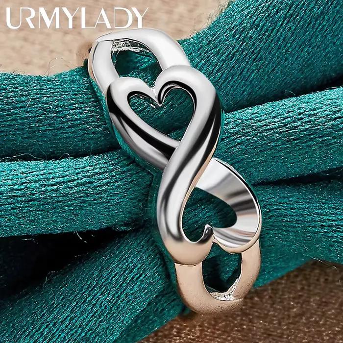 Bague en argent sterling 925 double coeur pour femmes occasions spéciales mariage style moderne amour éternel