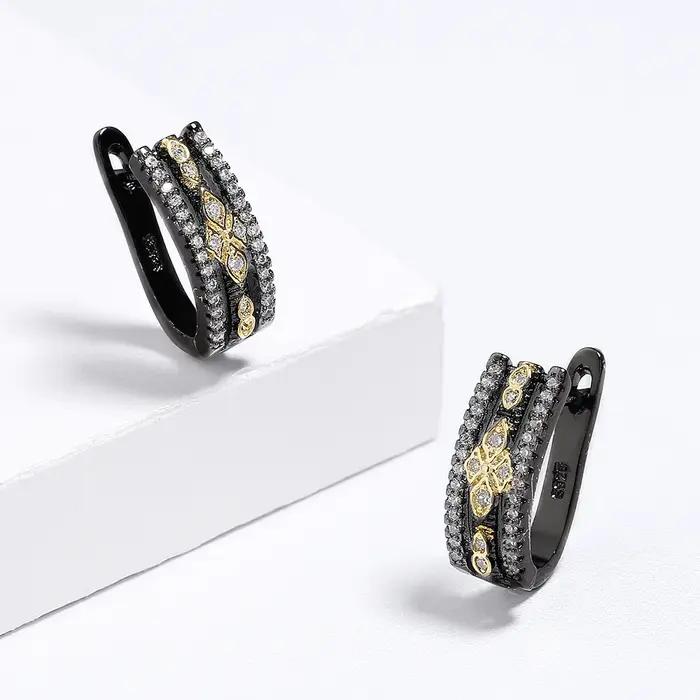 Boucles d'Oreilles Classiques Bicolores Noir et Or pour Femme