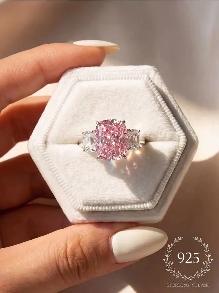 Bague rectangulaire rose à quatre griffes en argent Sterling 925