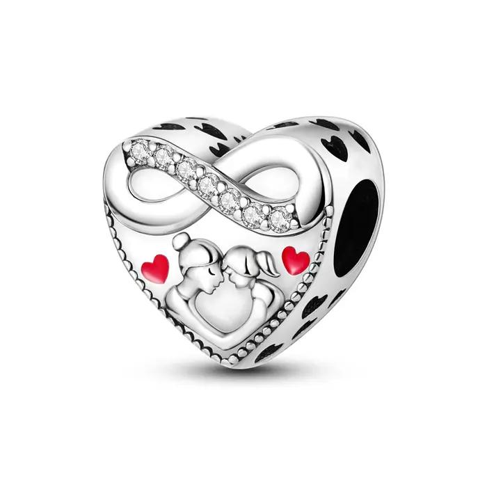 Breloques Cœur Mère-Fille en Argent Sterling 925 avec Zircon Cubique Transparent et Perles Infinies