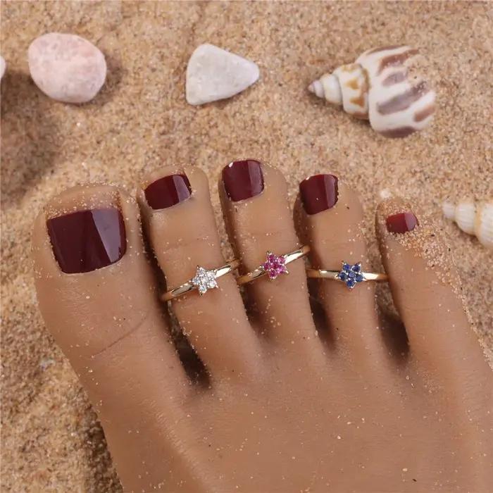 Bague de pied étoile à Six branches en zircone plaqué or 18 carats pour femmes