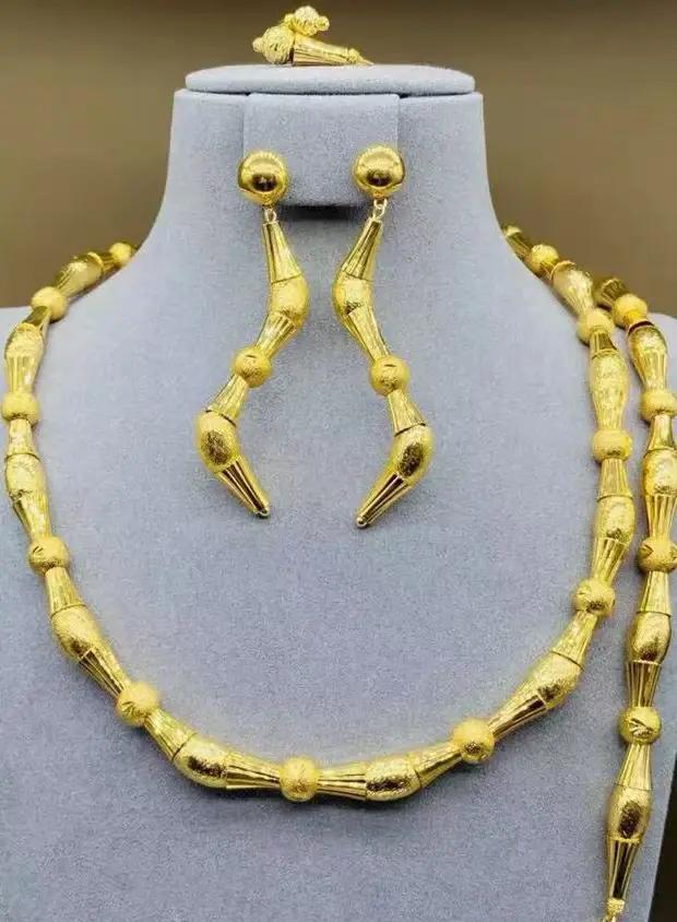 Parure de bijoux en perles de bambou africaines plaquée or 24 carats pour femme