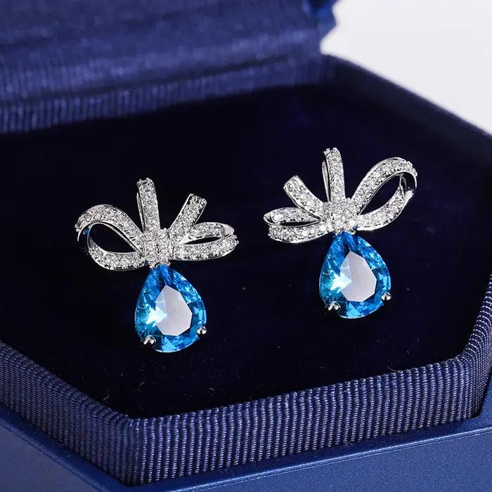 Boucles d'oreilles plaquées argent 925 en Zircon bleu AAAA pour femmes