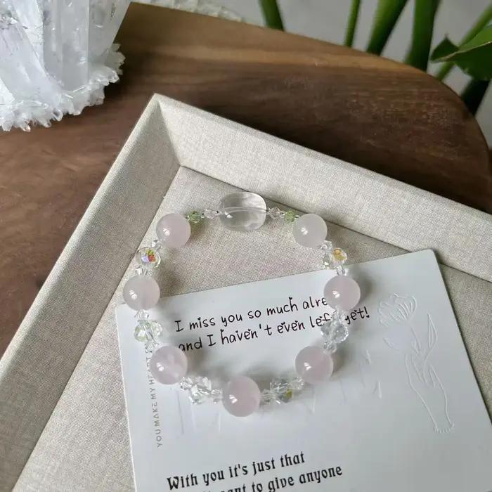 Bracelet en quartz rose naturel/quartz clair à brin unique pour femmes, bracelet perlé élégant, bijo
