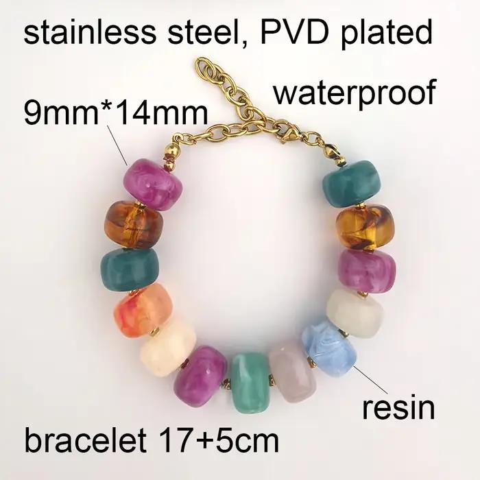 Bracelet rond en résine pour femme, perles baril épaisses, acier inoxydable, étanche, couleur or géo