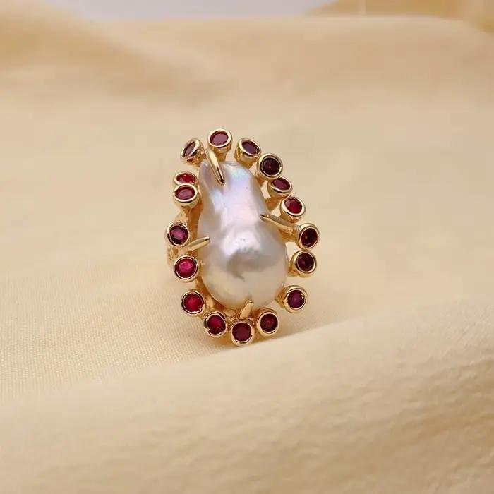 Kkgem Fuchsia Cz pavé 23x32mm bague de sonnerie en perles baroques blanches de culture réglable