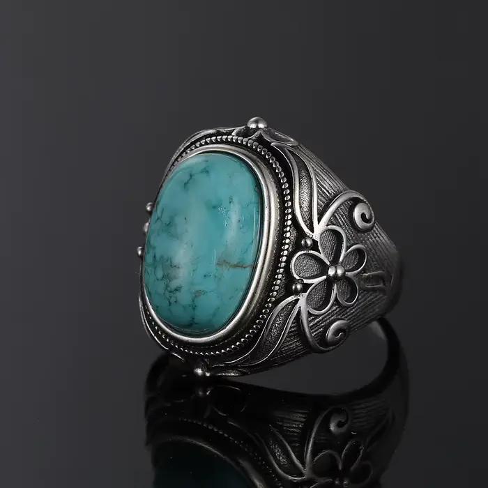 Bague Vintage en Argent Sterling S925 Turquoise Naturelle Bijou Luxe Cadeau Anniversaire Fête Spéciale Femme Occasions Spéciales