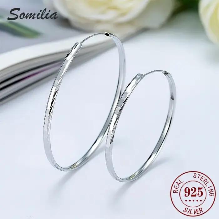 Boucles d'oreilles rondes lisses en argent sterling 925 de 3 à 6 cm pour femme