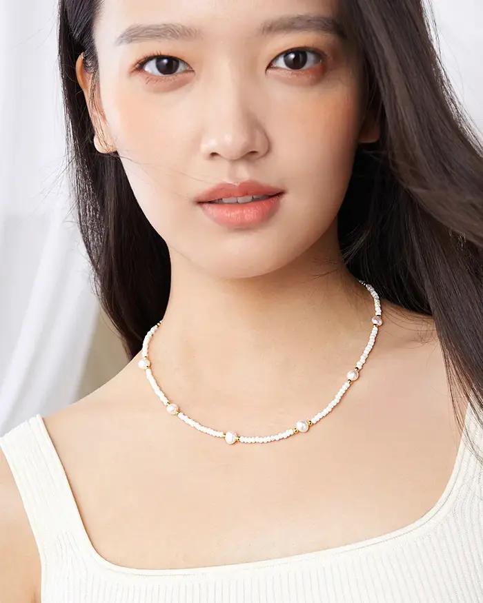 Collier en perles d'eau douce naturelles serties en or 14K pour femmes - Style moderne - Occasions d'engagement et cadeaux exceptionnels