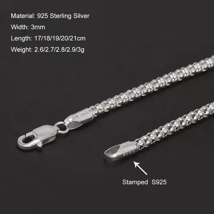 Bracelet chaîne bolo maille pop-corn ronde en argent sterling 925 de 3 mm pour hommes et femmes