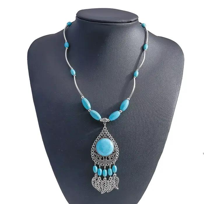 Collier en pierre turquoise naturelle pour femmes, style bohème, goutte d'eau, bijoux ethniques pour occasions spéciales et quotidienne