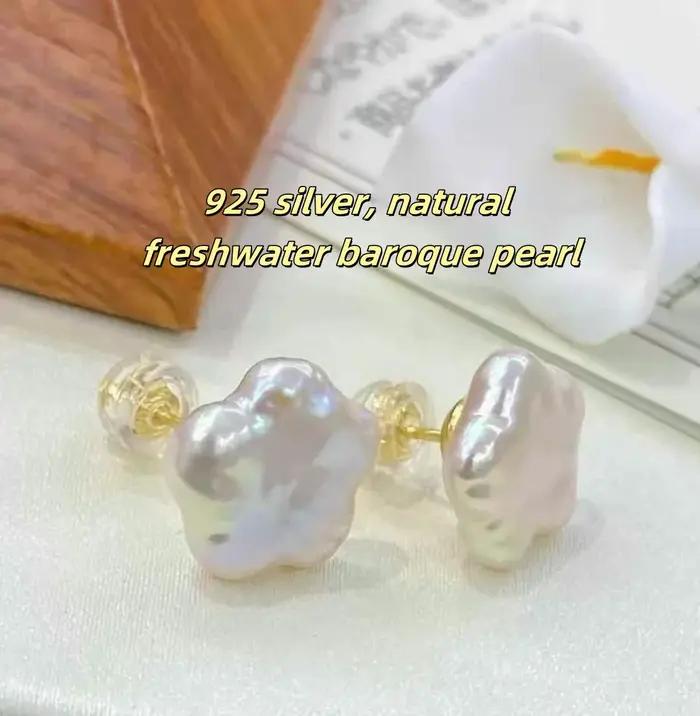 Boucle d'oreille en argent avec perles baroques d'eau douce certifiées, aurore irrégulière, crochet