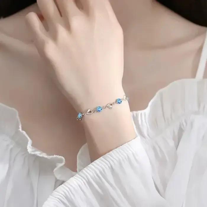 925 en argent Sterling en forme de coeur collier Bracelet ensemble pour les femmes Vintage coréen bleu cristal Bracelets