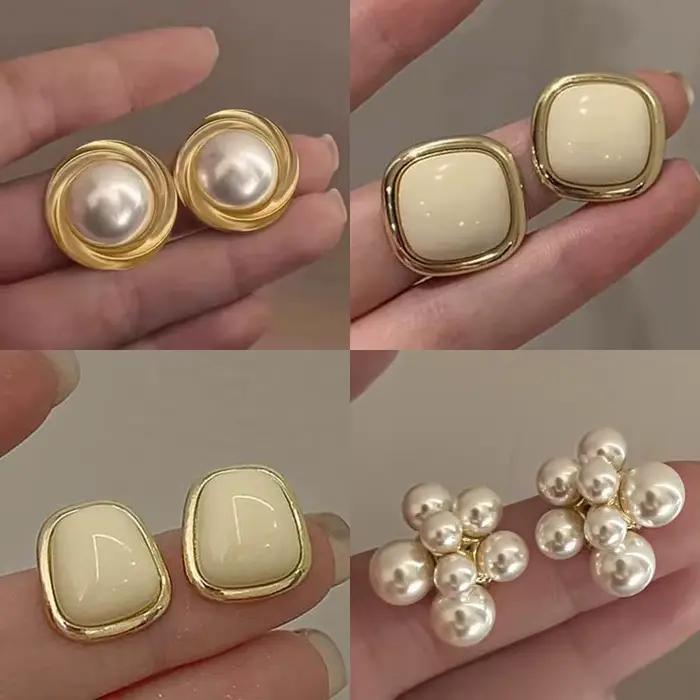 Boucles d'oreilles à Clip en perles à la mode, Style géométrique, sans perçage, bijoux pour femmes, polyvalents, élégants, tendance, alliage en forme de diamant