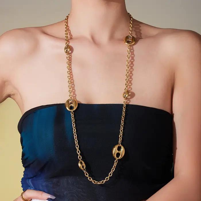 Collier Hip-Hop en Argent Doré avec Pendentif Ovale Plaqué Or Acier Inoxydable pour Fêtes et Soirées Chic