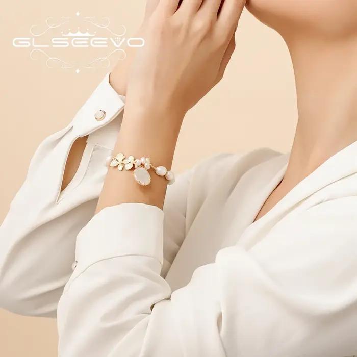 GLSEEVO naturel eau douce blanc perle de tahiti fleur bracelets pour femme fille Bracelet de luxe bijoux fins anniversaire GB0184