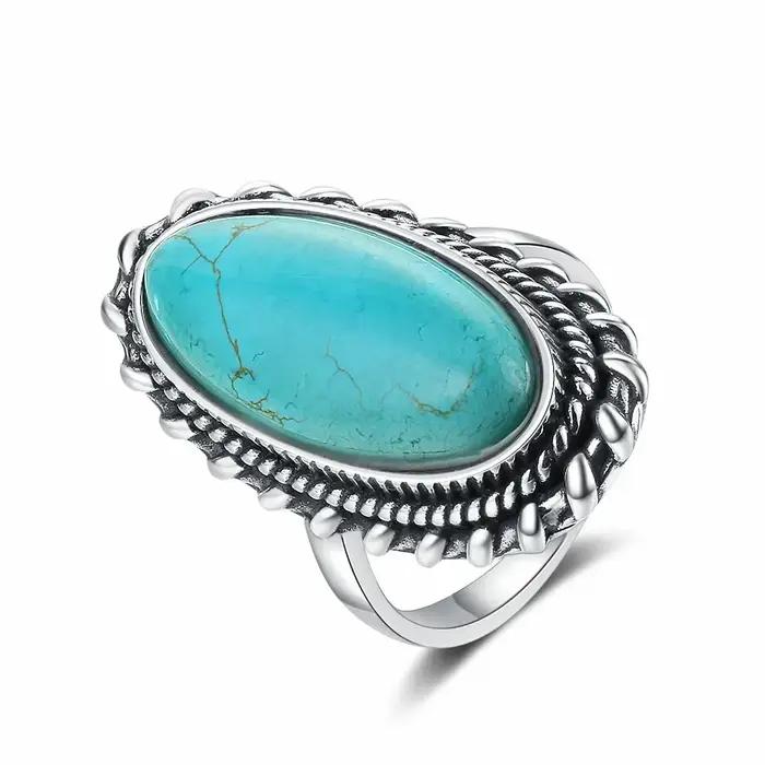 Bague ovale rétro en turquoise naturelle 11*25mm pour femme, pierre de sable bleue, plaqué argent 92