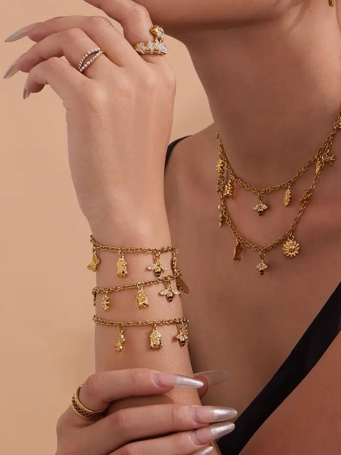 Nivora brillant Zircon abeille fleur pendentif colliers Bracelets pour femme en acier inoxydable 18K PVD plaqué or ensembles de bijoux de mariée