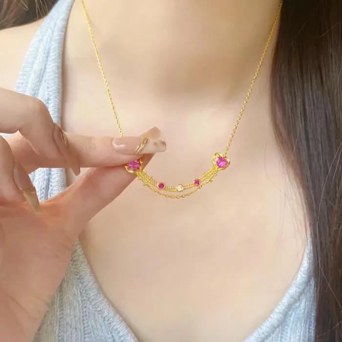 Collier en chaîne de perles rondes multicouches avec incrustation de pierres précieuses roses