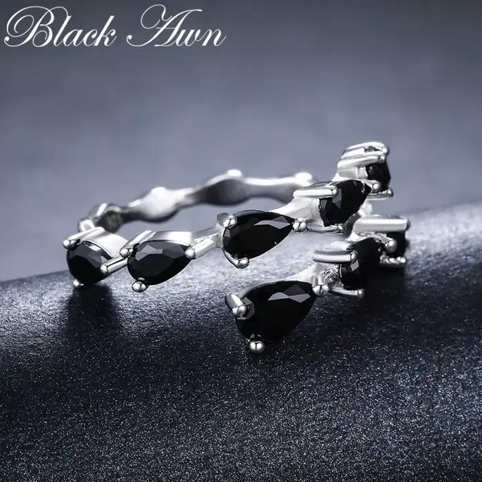 Bague de fiançailles tendance en argent noir avec spinelle noire pour femme, collection 2026, bijoux fantaisie, Anillos Mujer G062