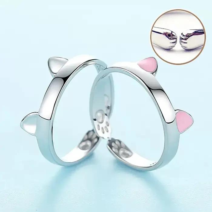 Mignon chat oreilles anneau ouverture concepteur chats patte embrasser étroitement bagues pour femmes filles à la mode