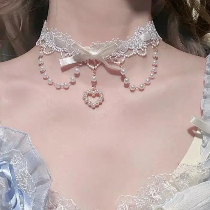 Collier en dentelle perlée Sweet Lolita Y2K avec ruban pour femme