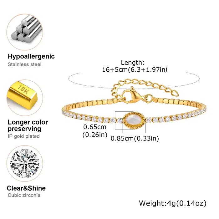 Bracelet Tennis en Acier Inoxydable Plaqué Or 18K avec Zircon et Pierres Naturelles Coquillages pour Femme