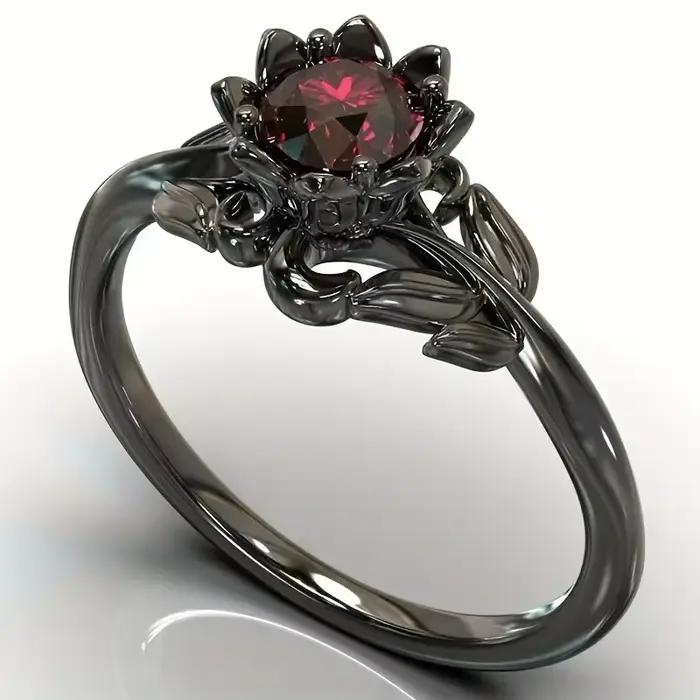 LATS – bagues en pierre rouge pour femmes, couleur noire, fleur, accessoires de bijoux à breloques,