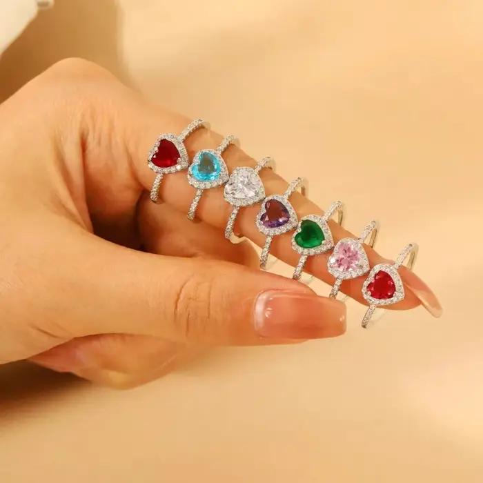 Bague de luxe en cristal de cœurs colorés pour femmes