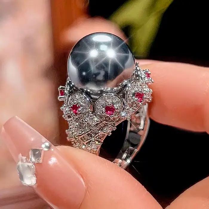 Bague en perles rondes réglables de 14mm, avec rubis et Zircon plaqué argent, bague de déclaration V