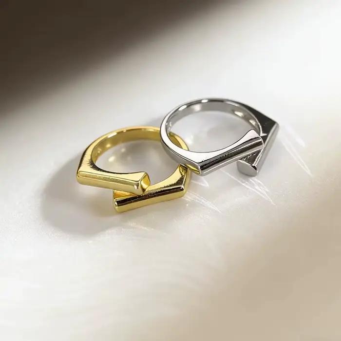 Bague géométrique double couche couleur argent pour femme