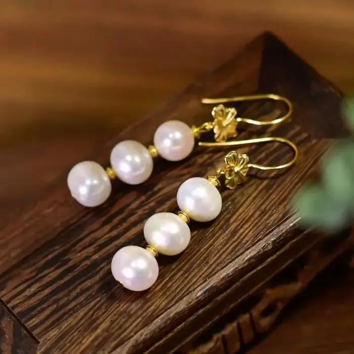 925 argent brillant eau douce Tri perles blanches crochet d'oreille élégant Akoya rose perle balance