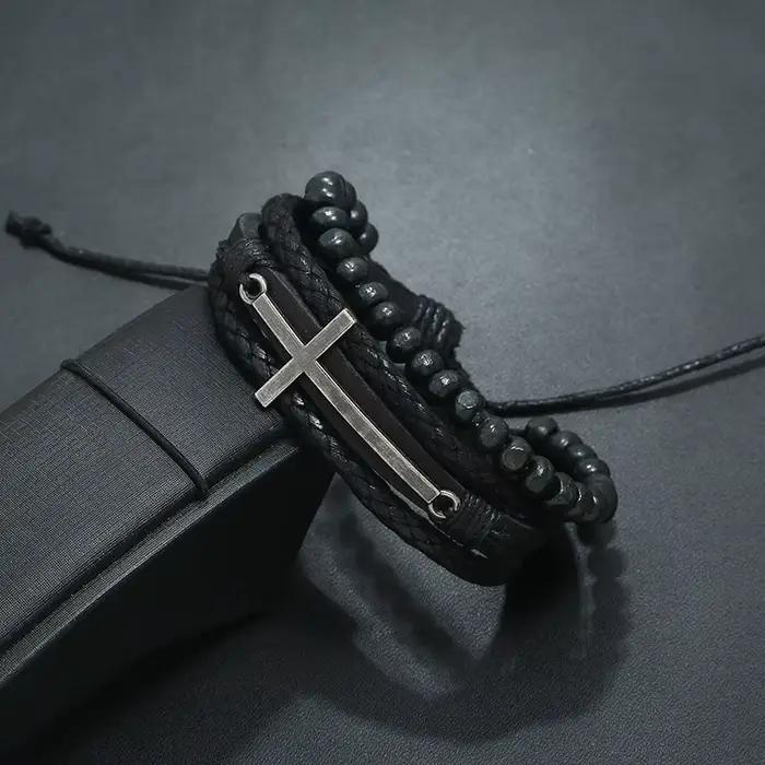 Bracelet rétro à couche croisée pour hommes, Punk noir, cuir de vache tissé à la main, perles réglables, accessoires, bijoux chrétiens