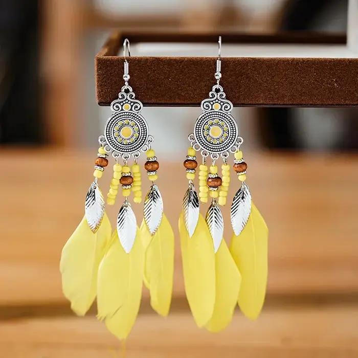 Boucles d'oreilles bohème ethniques en plumes pour femmes